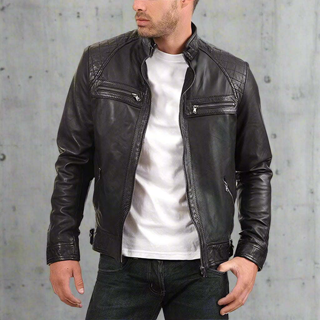 Men' S Retro Leather Jacket Stand Collar Biker Jacket Slim Fit Multi-Pocket Coat Autumn Winter Outwear