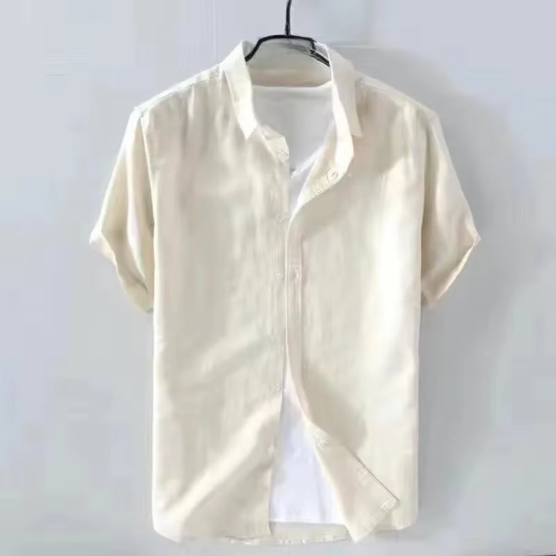 Summer Thin Ice Silk Linen Shirt Men'S Short Sleeve Loose-Fit Solid Color Casual Trendy Cotton Linen Shirt White