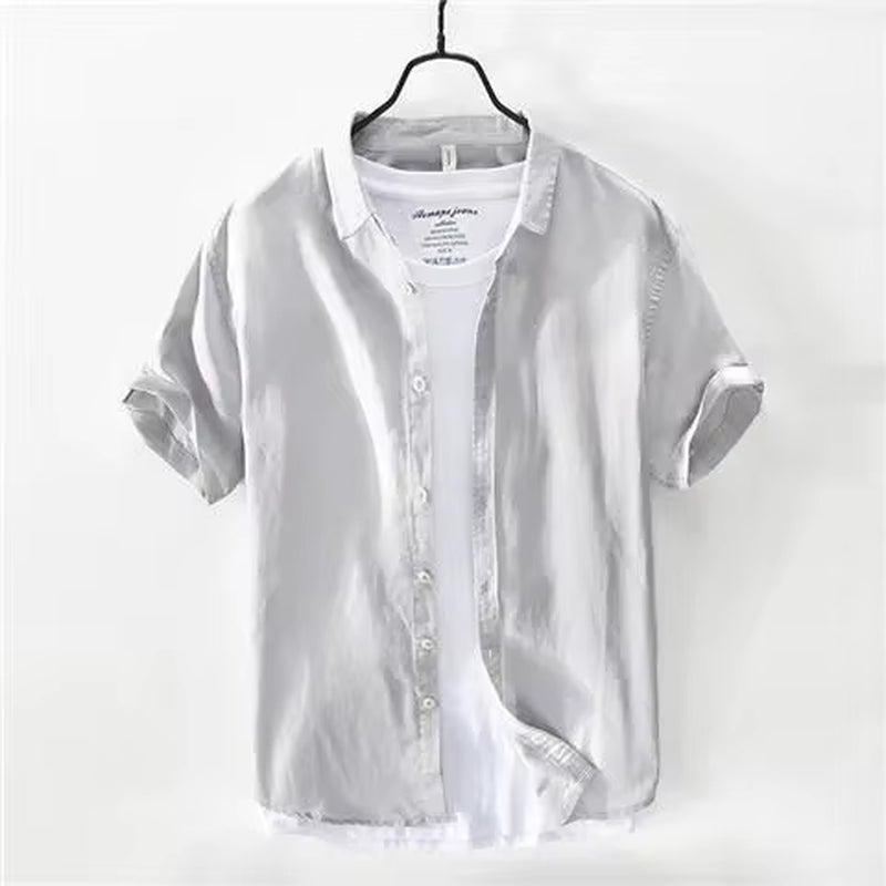 Summer Thin Ice Silk Linen Shirt Men'S Short Sleeve Loose-Fit Solid Color Casual Trendy Cotton Linen Shirt White