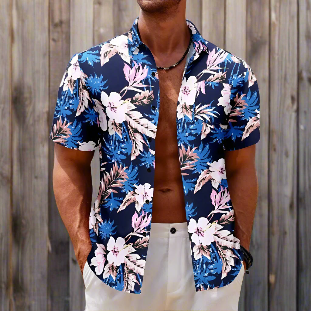 Hawaiian Shirt Tropic Plant Flowers Shirts Men'S Vocation Blouses Floral Lapel Cuba Camisas Clothing Single Breasted