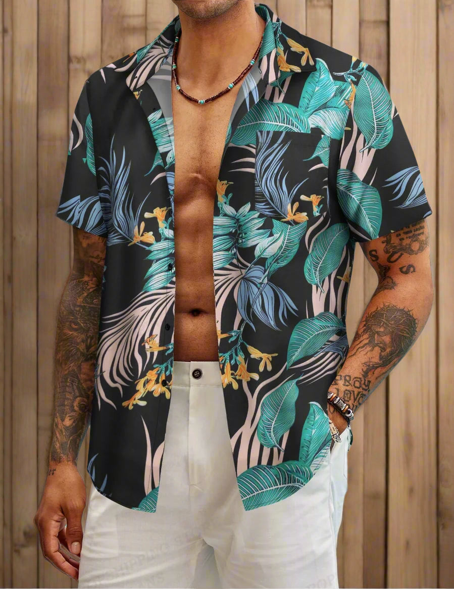 Hawaiian Shirt Tropic Plant Flowers Shirts Men'S Vocation Blouses Floral Lapel Cuba Camisas Clothing Single Breasted