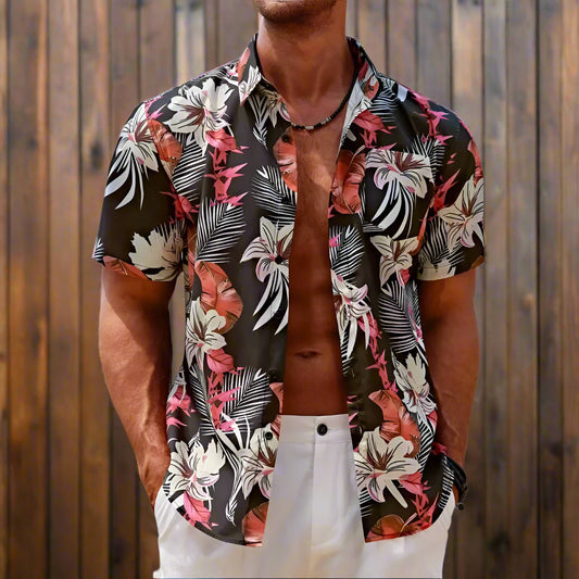 Hawaiian Shirt Tropic Plant Flowers Shirts Men'S Vocation Blouses Floral Lapel Cuba Camisas Clothing Single Breasted