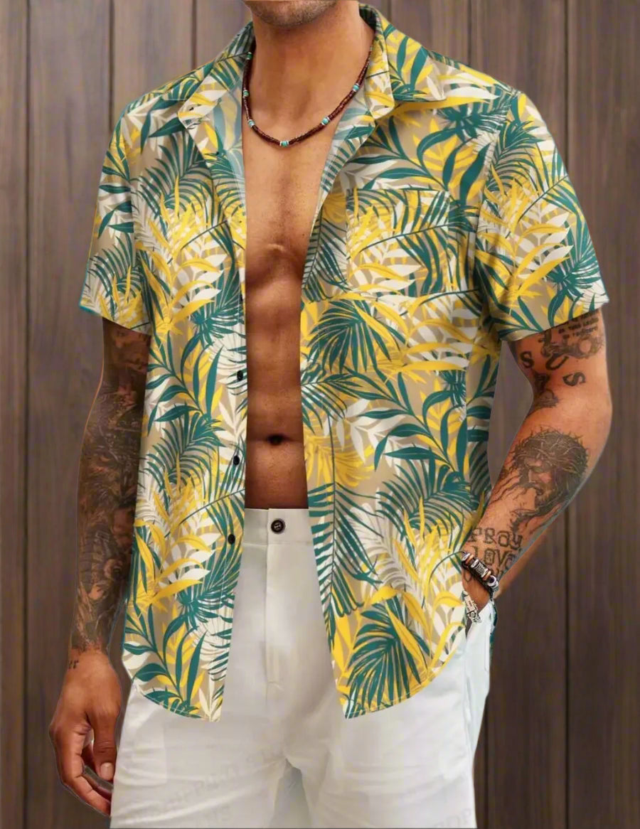 Hawaiian Shirt Tropic Plant Flowers Shirts Men'S Vocation Blouses Floral Lapel Cuba Camisas Clothing Single Breasted