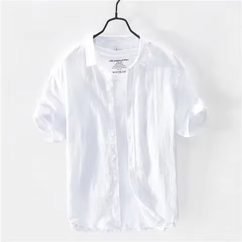 Summer Thin Ice Silk Linen Shirt Men'S Short Sleeve Loose-Fit Solid Color Casual Trendy Cotton Linen Shirt White