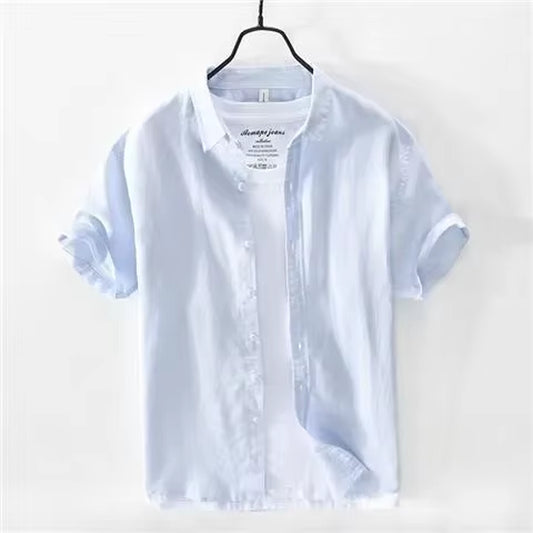 Summer Thin Ice Silk Linen Shirt Men'S Short Sleeve Loose-Fit Solid Color Casual Trendy Cotton Linen Shirt White